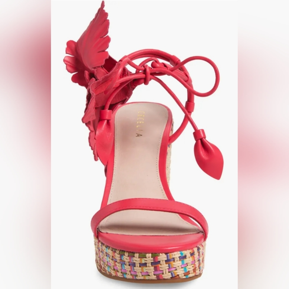 Cecelia Wedge Sandals 6.5 Pink Lilly Chunky Flower Leather Woven Strappy New$180 - Picture 7 of 13